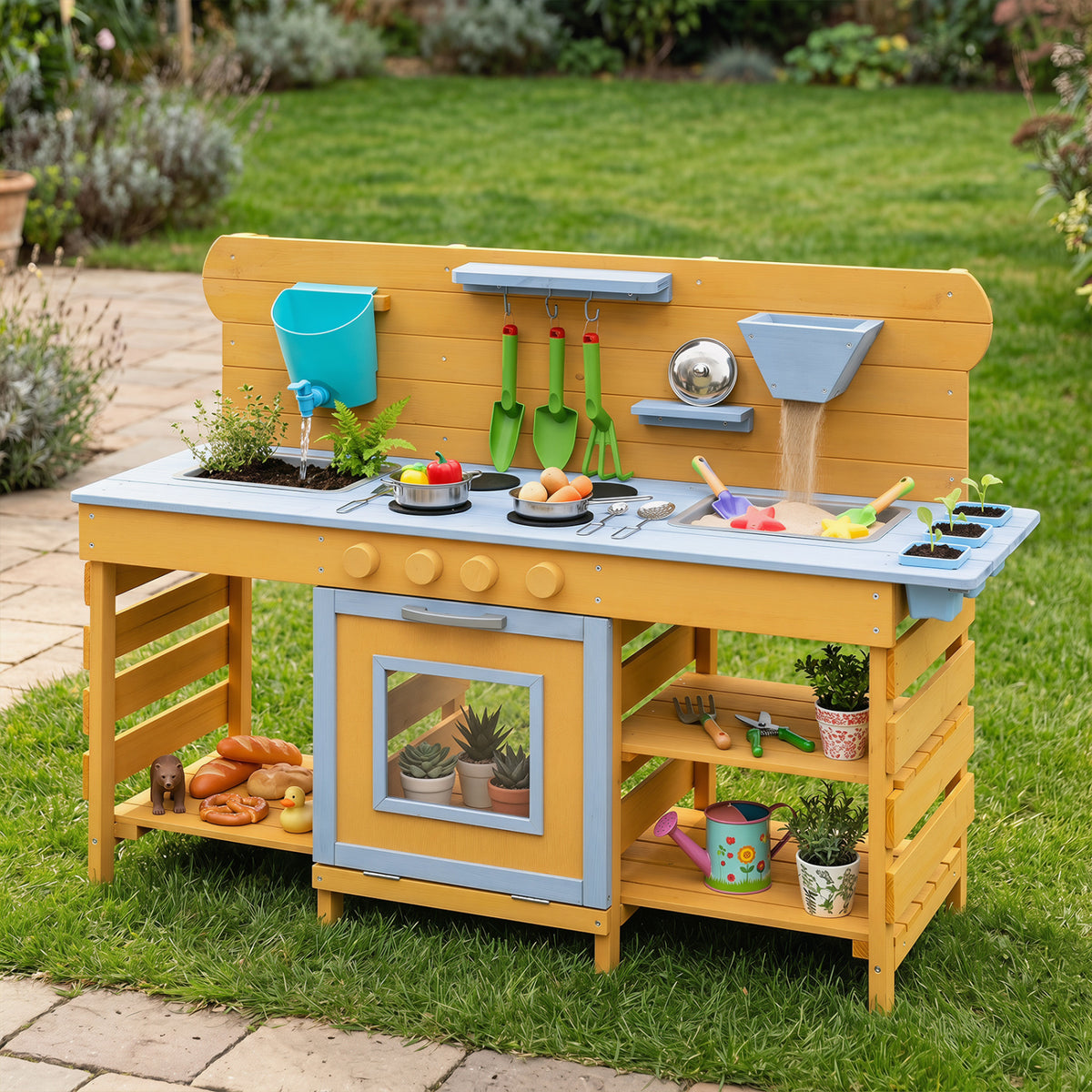 Kids Wooden Mud Kitchen with 2 Sinks and 4 Stoves-Natural view 3