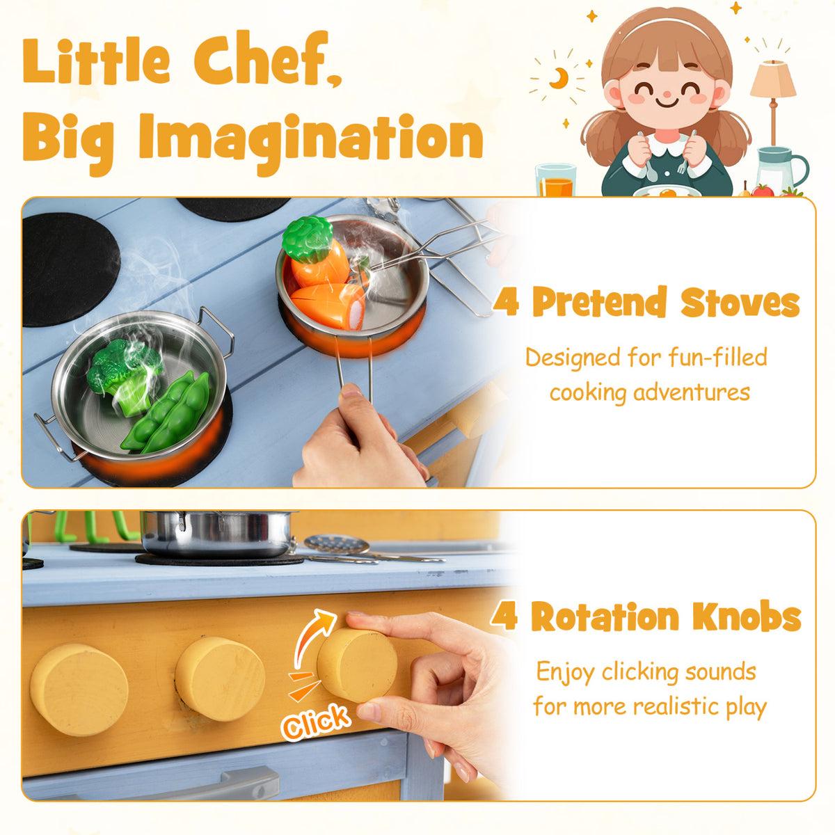Kids Wooden Mud Kitchen with 2 Sinks and 4 Stoves-Natural view 6