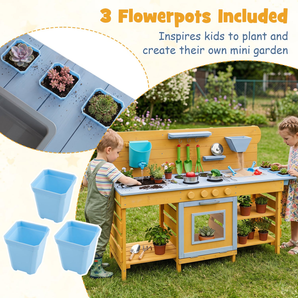 Kids Wooden Mud Kitchen with 2 Sinks and 4 Stoves-Natural view 8