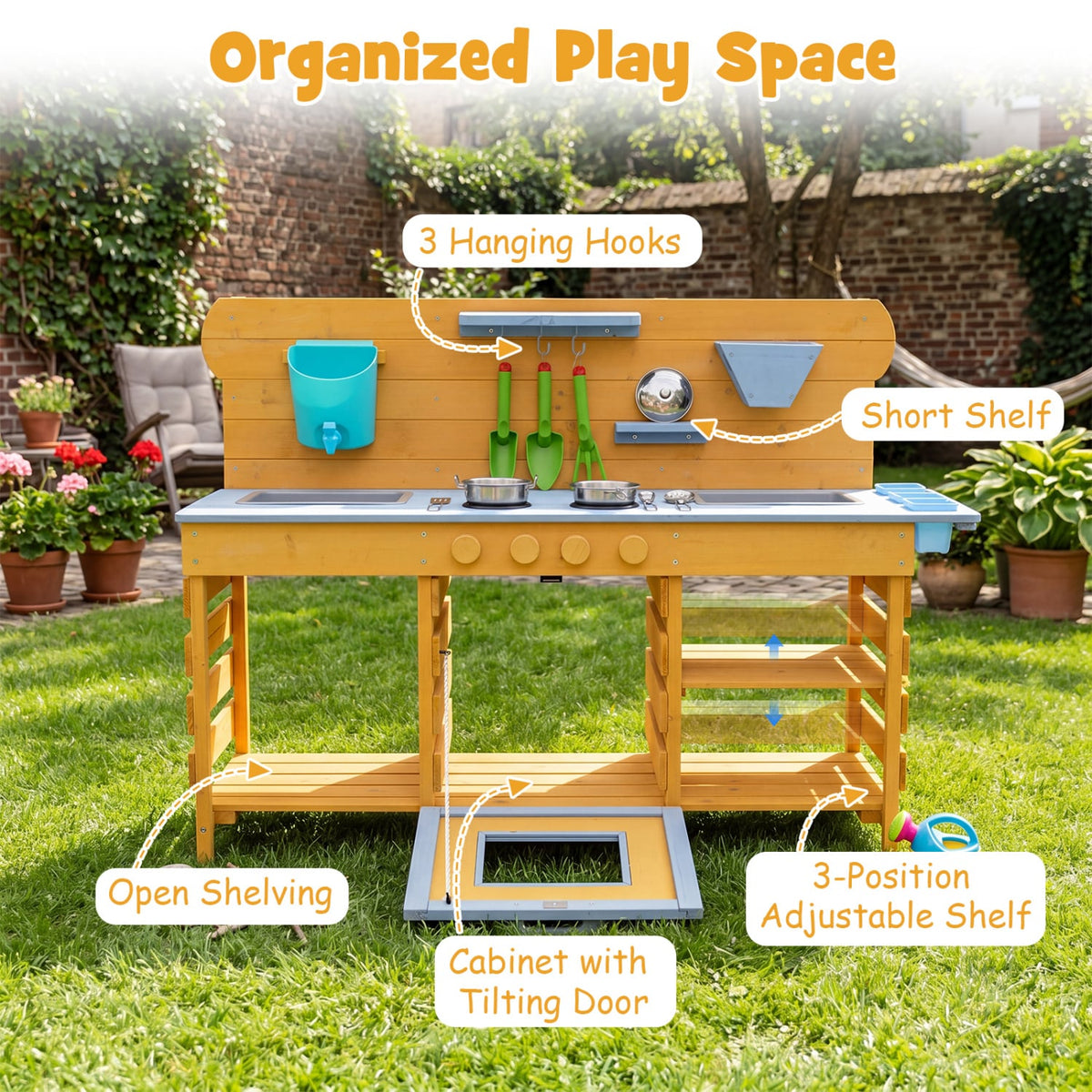 Kids Wooden Mud Kitchen with 2 Sinks and 4 Stoves-Natural view 9
