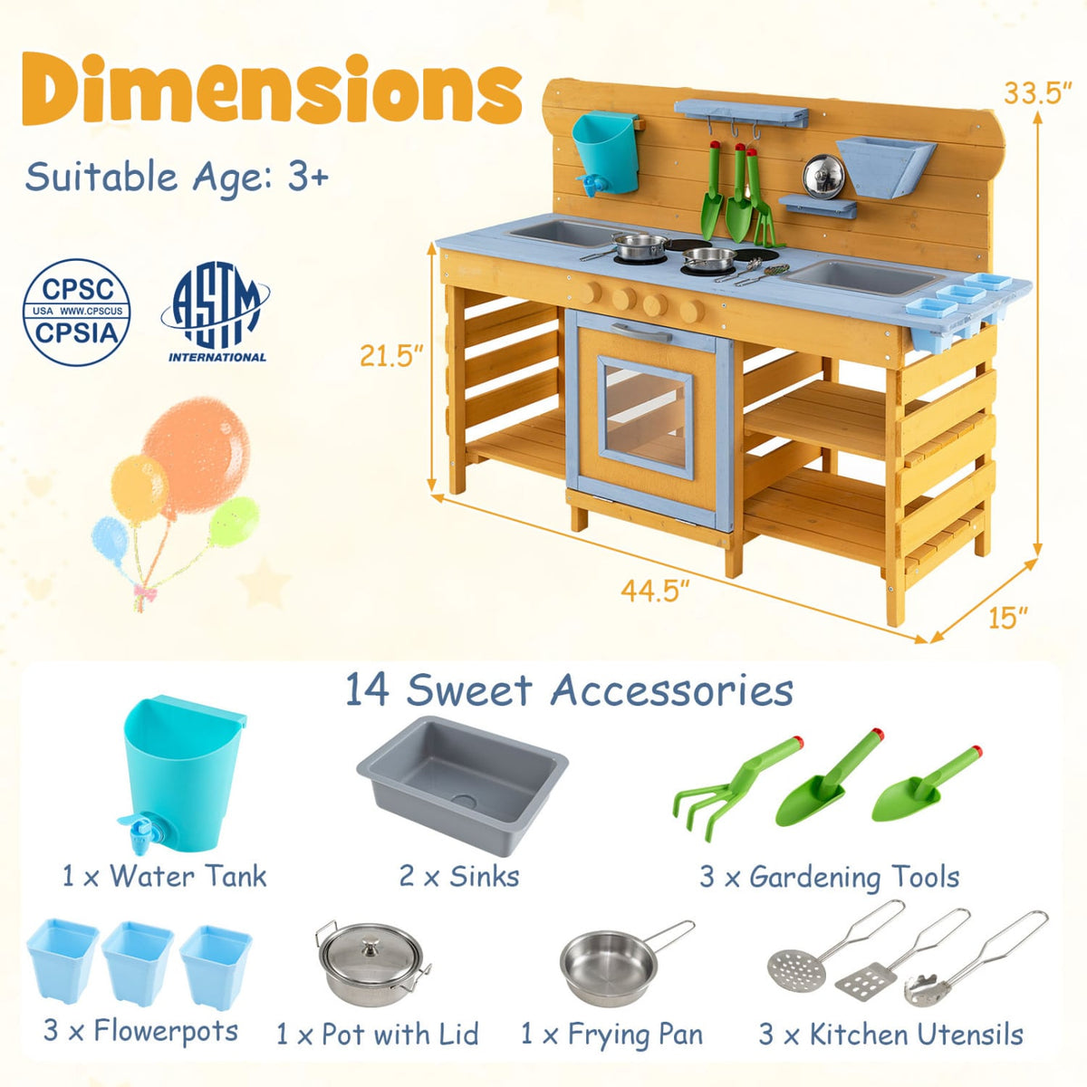 Kids Wooden Mud Kitchen with 2 Sinks and 4 Stoves-Natural view 5