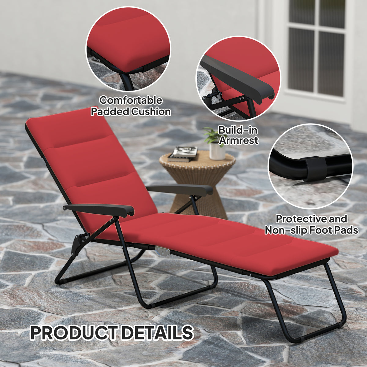 Foldable Lounge Chair, Reclining Patio Sun Lounger with 6-Position Adjustable Back, Blue and White