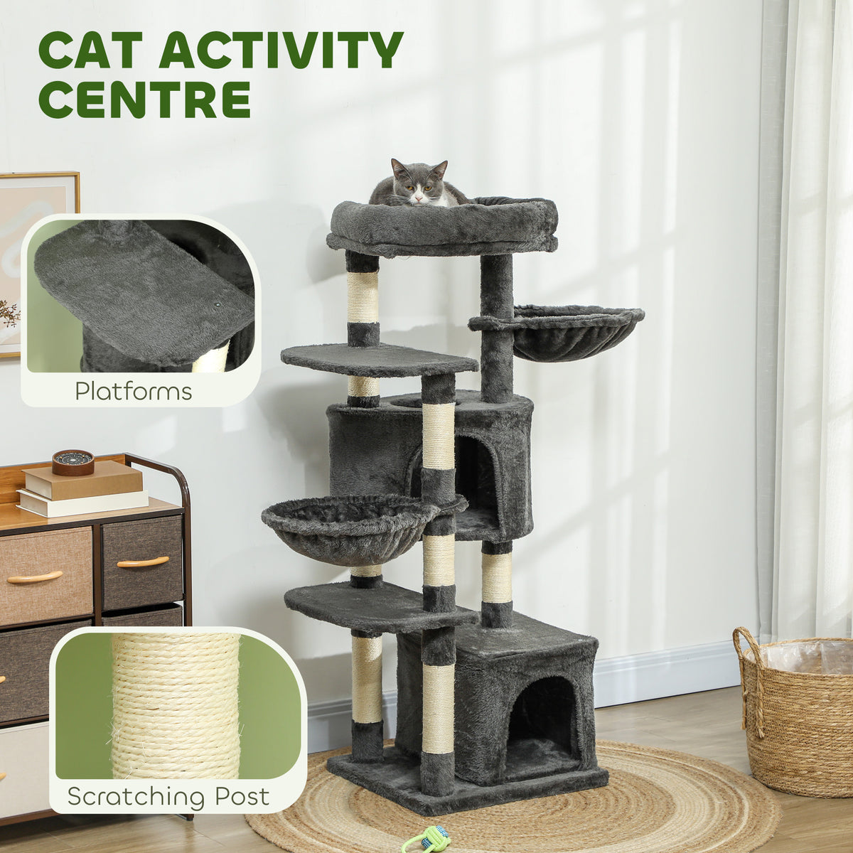 52.5" Cat Tree Tower with Scratching Posts, Cat Condos, Bed, Platforms, Hammocks, for Indoor Cats, Dark Grey – view 3