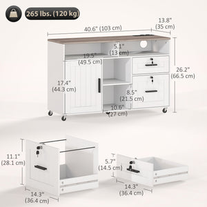 Mobile Printer Stand with Charging Station and USB Ports, Locking Filing Cabinet for A4 and Letter Size, White