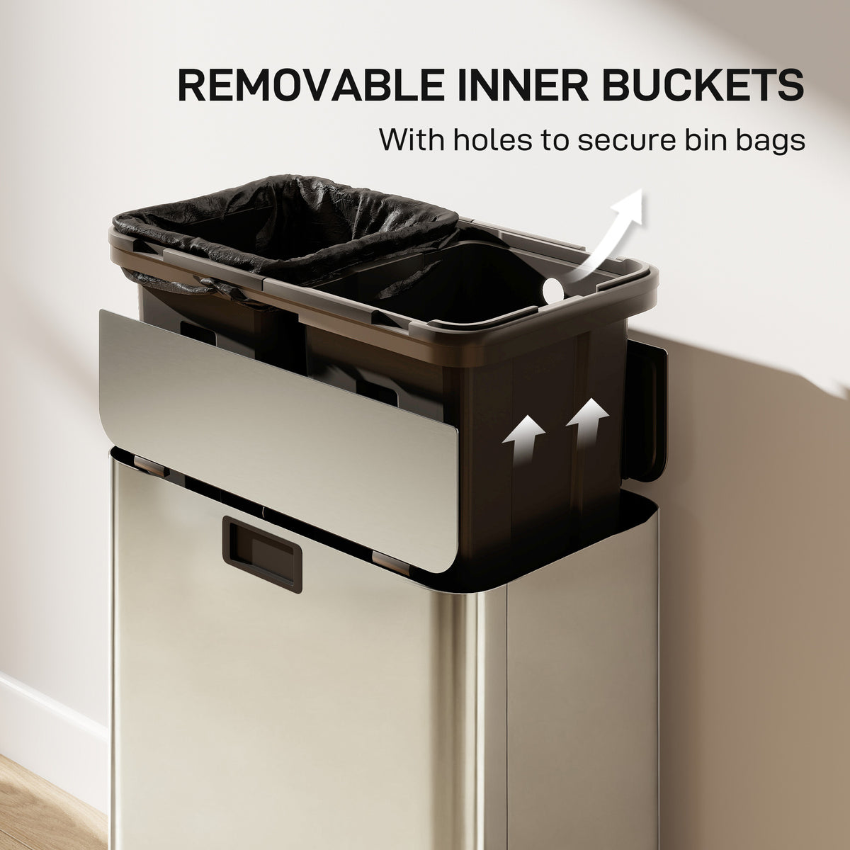 Dual Trash Can with Soft-Close Lid, Garbage Can with Removable Inner Bucket for Kitchen 2 x 7.4 Gal (2 x 28 L), Silver