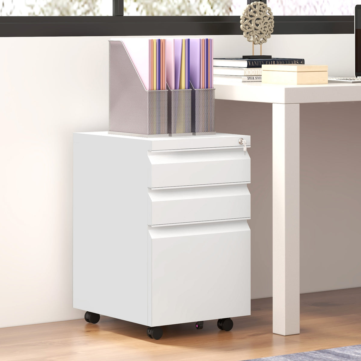 3 Drawer File Cabinet with Lock, Steel Vertical Filing Cabinet with 5 Wheels and Hanging Bar for – view 14