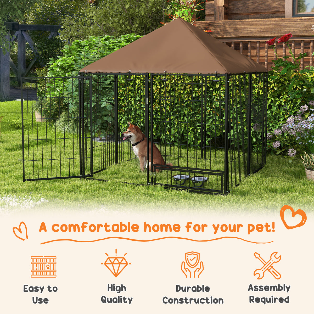 4.6' x 4.6' x 5' Outdoor Dog Kennel with Canopy, Rotating Bowls, Coffee – view 3