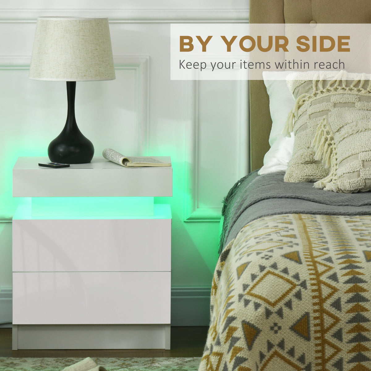 Nightstand, Bedside Table with LED Lights and 2 Drawers for Bedroom, Living Room, White