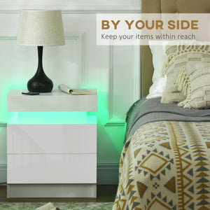 Nightstand, Bedside Table with LED Lights and 2 Drawers for Bedroom, Living Room, White