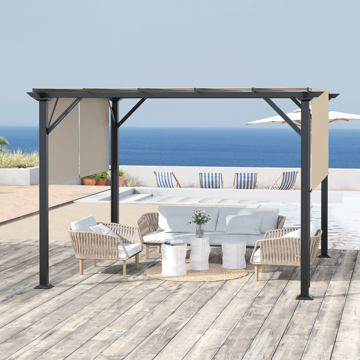 12' x 10' Outdoor Patio Gazebo Pergola with Retractable Canopy Roof, Steel Frame with Stakes – view 8