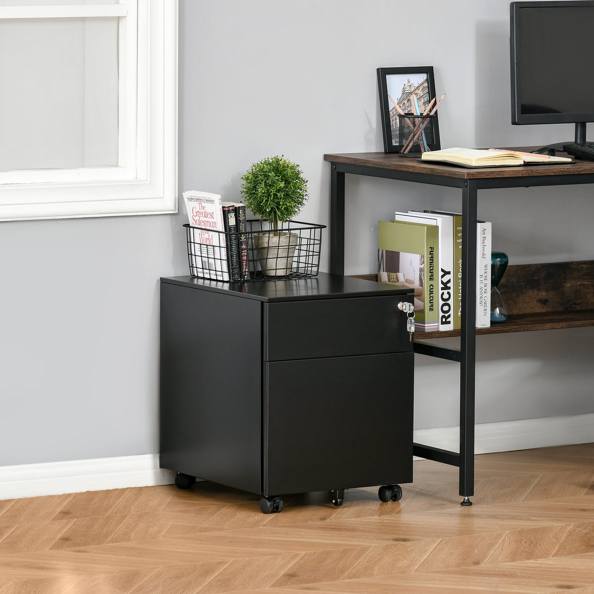 Lockable File Cabinet, Steel Filing Cabinet on Wheels for Legal, A4, Letter Size, with Pencil Tray for Home Office