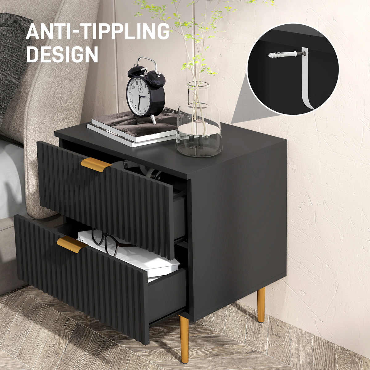 Bedside Table, Modern Nightstand with 2 Drawers, Side End Table with Metal Legs for Living Room, Bedroom, Black