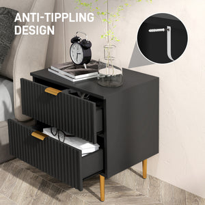 Bedside Table, Modern Nightstand with 2 Drawers, Side End Table with Metal Legs for Living Room, Bedroom, Black