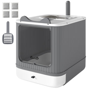 Litter Box with Lid, Enclosed Kitty Litter Box with Front-Entry, Top-Exit, Scoop, Deodorizer Bag for Medium Cats, White