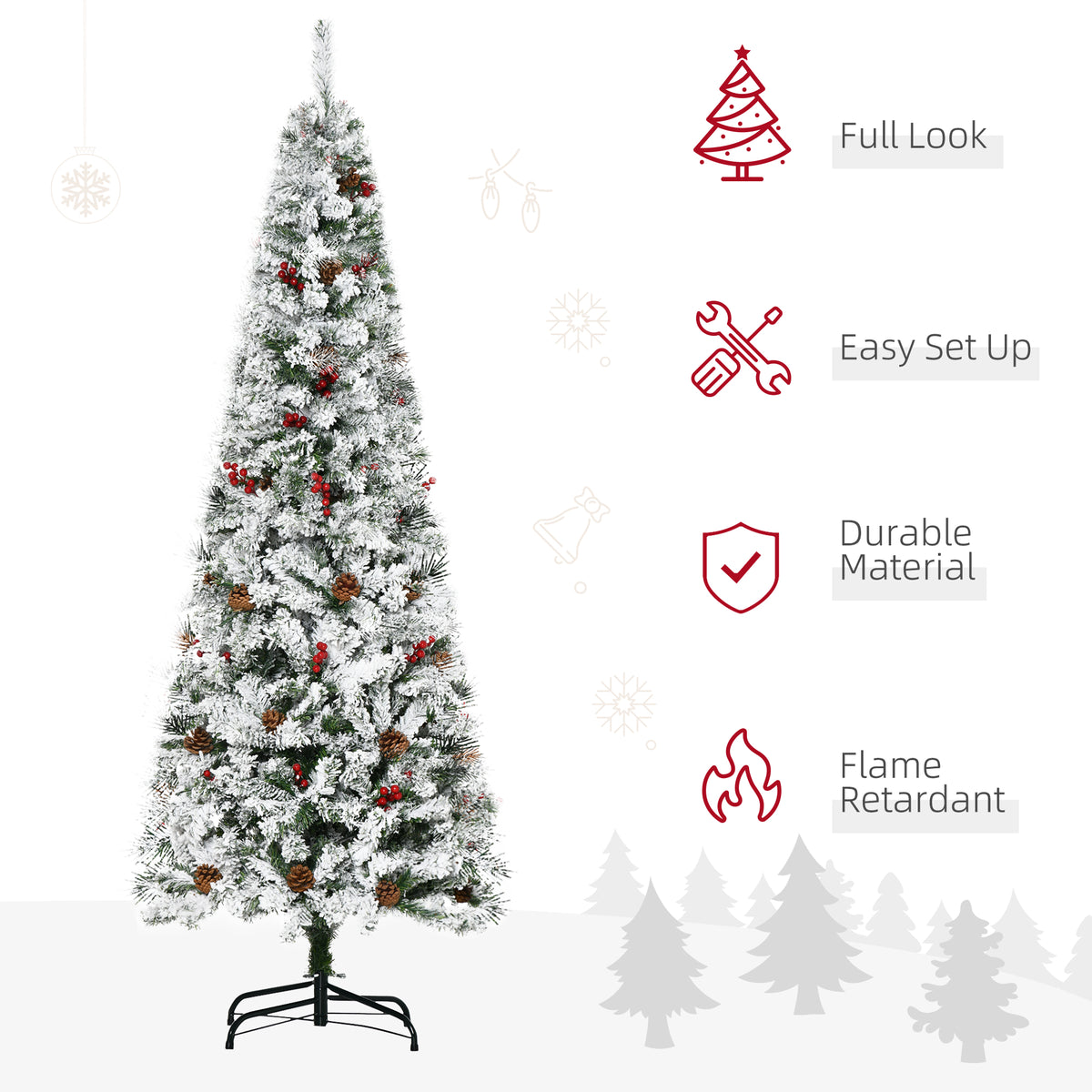6 Foot Pencil Snow Flocked Artificial Christmas Tree with 600 Pine Realistic Branches, Pine Cones – view 3