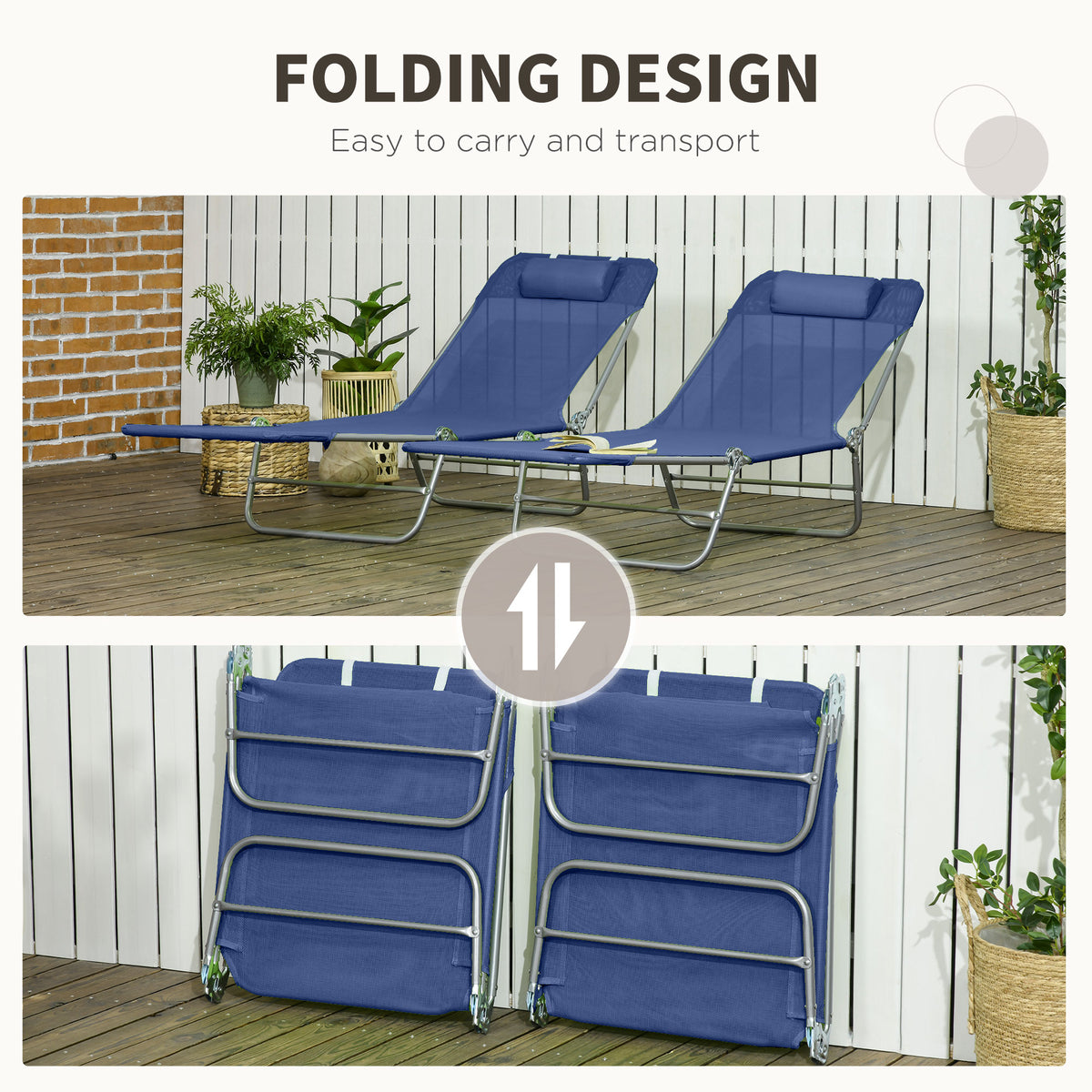 Set of 2 Folding Chaise Lounge Chairs, Outdoor Poolside Sun Tanning Chairs w/ Pillow, Reclining Backrest – view 11