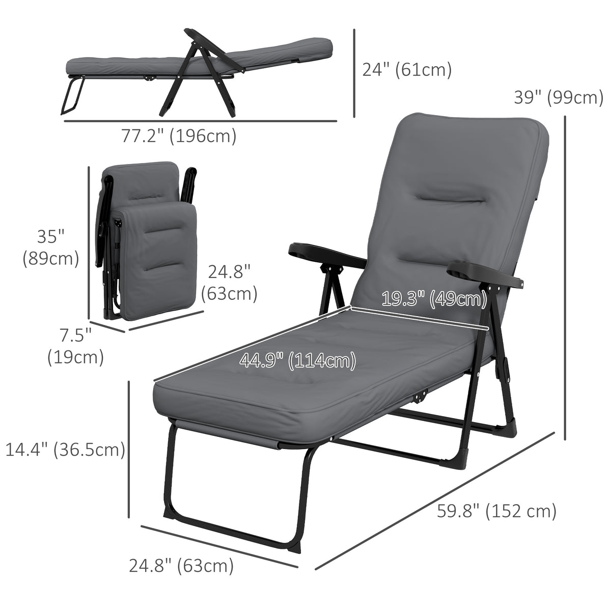 Outdoor Lounge Chair with Padded Cushion, Folding Reclining Patio Garden Chair with Recline Back, Footrest – view 9