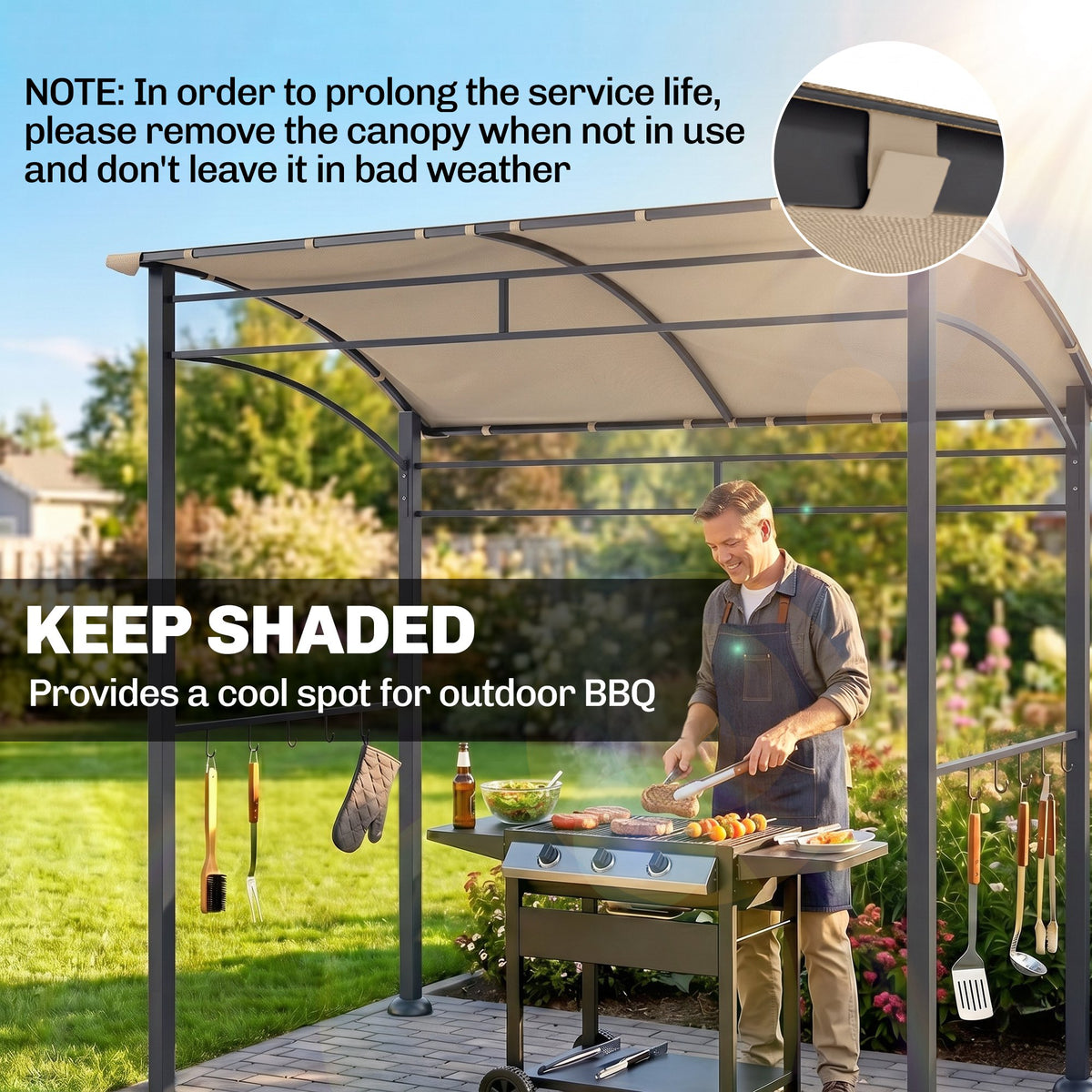 7' x 5' BBQ Grill Gazebo Tent, Garden Grill Canopy with Steel Frame and Hooks, Outdoor Sun Shade, Grey – view 10