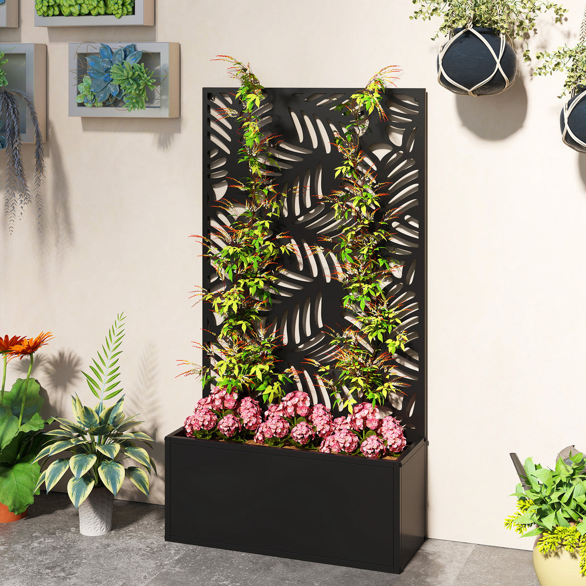 Metal Garden Bed with Trellis for Climbing Plants, Freestanding or Wall Mounted Flower Bed for Garden, Patio, Balcony