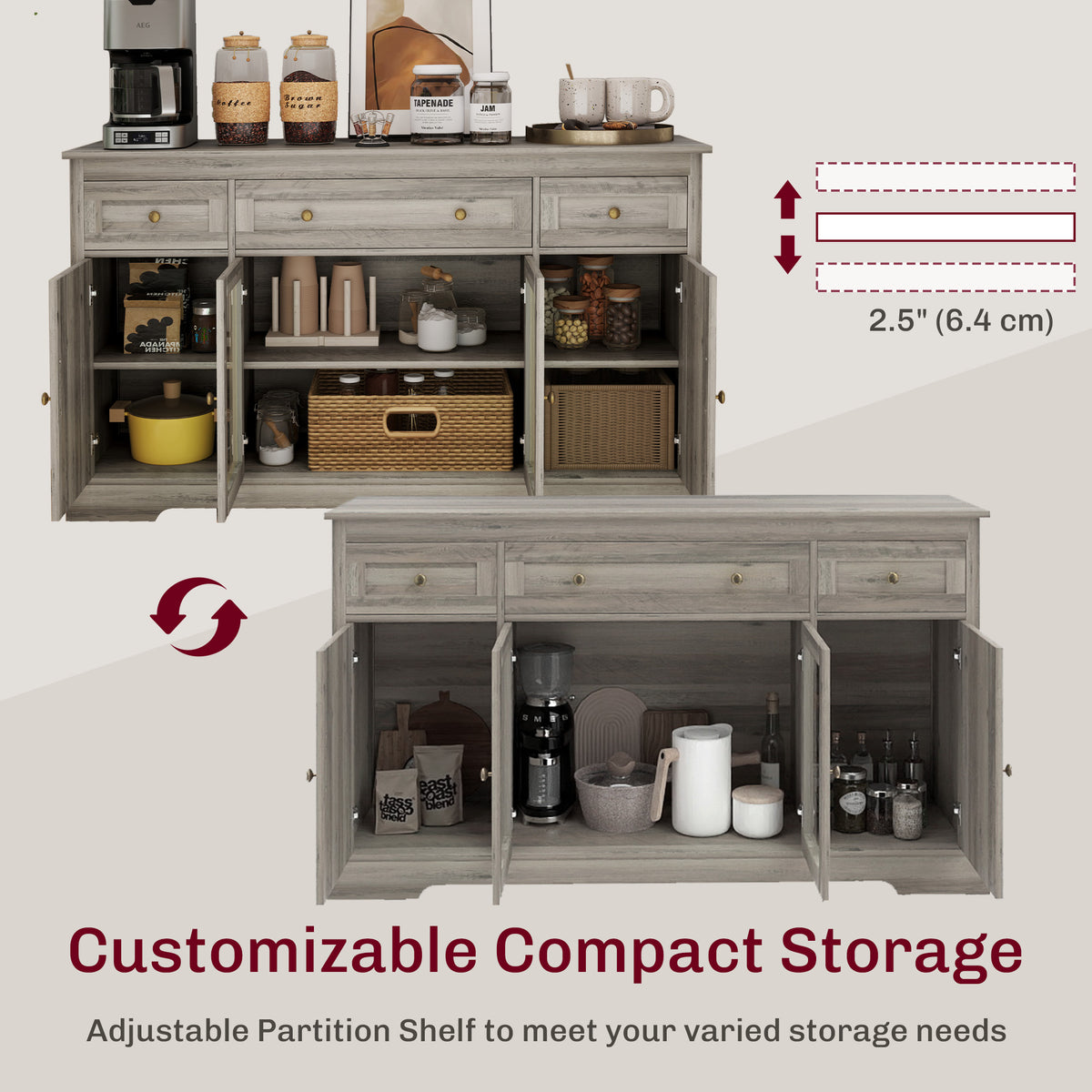 Dining Room Sideboard Buffet Cabinet with Storage, Coffee Bar Cabinet with Glass Doors and Adjustable Shelves, Weathered Grey Oak