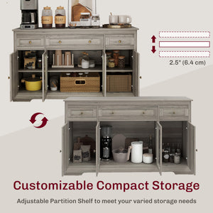 Dining Room Sideboard Buffet Cabinet with Storage, Coffee Bar Cabinet with Glass Doors and Adjustable Shelves, Weathered Grey Oak
