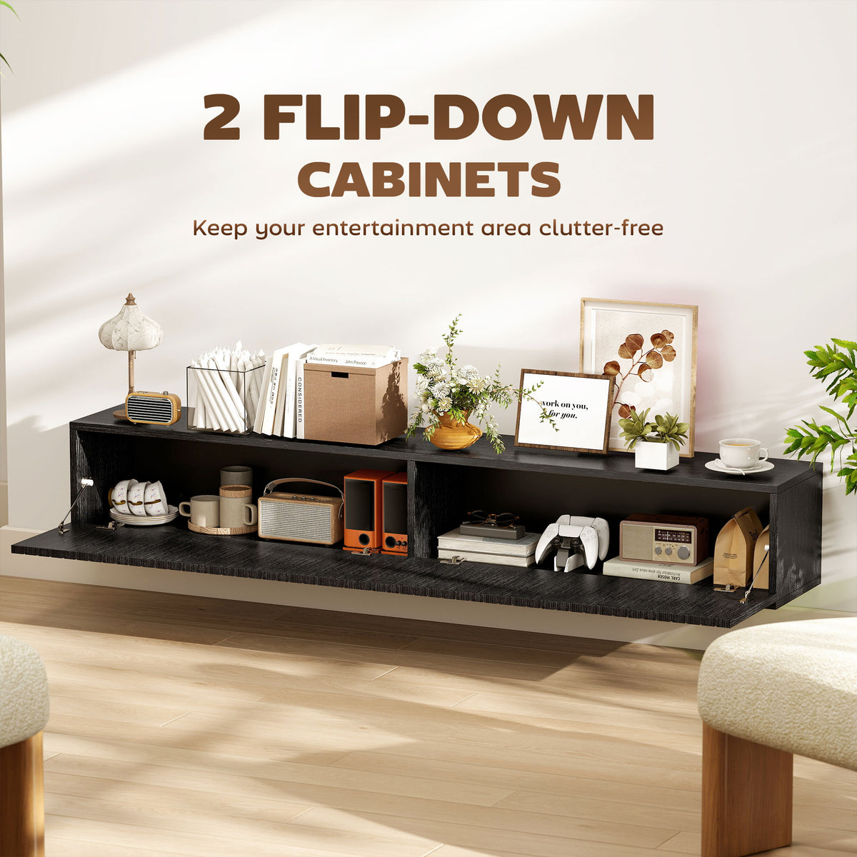 71" Floating TV Stand for TVs up to 72 Inch, Wall Mount Media Console with 2 Fluted Flip-Down Doors – view 18