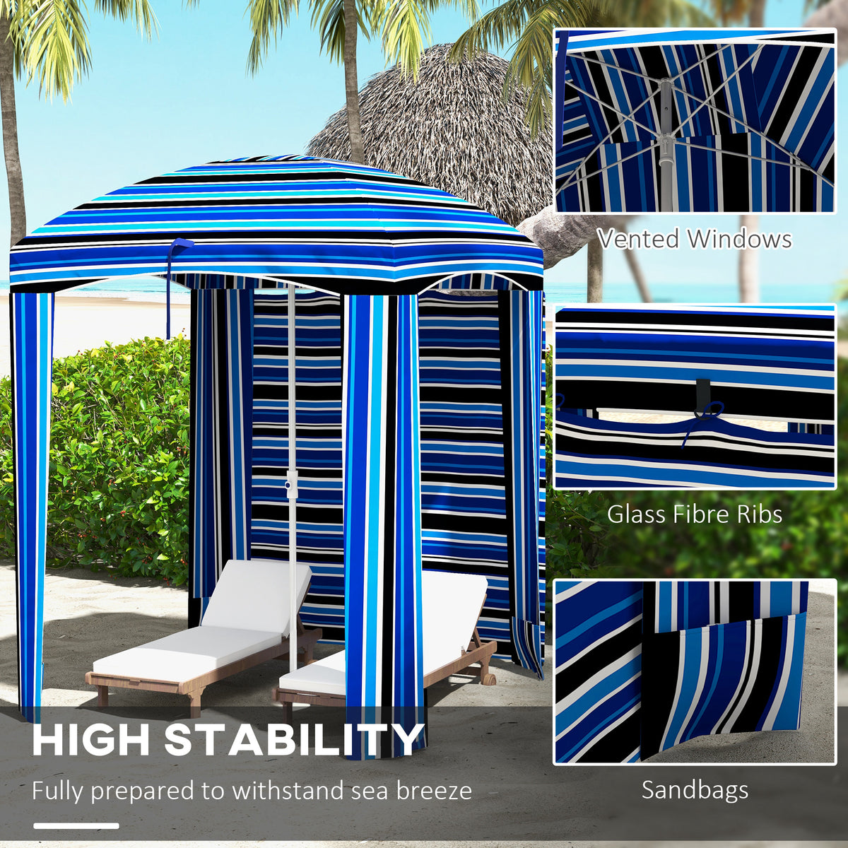70.1" L x 70.1" W Cabana Umbrella with Walls, Vents, Ruffles, Carry Bag, Beach Umbrella, Blue White Stripe
