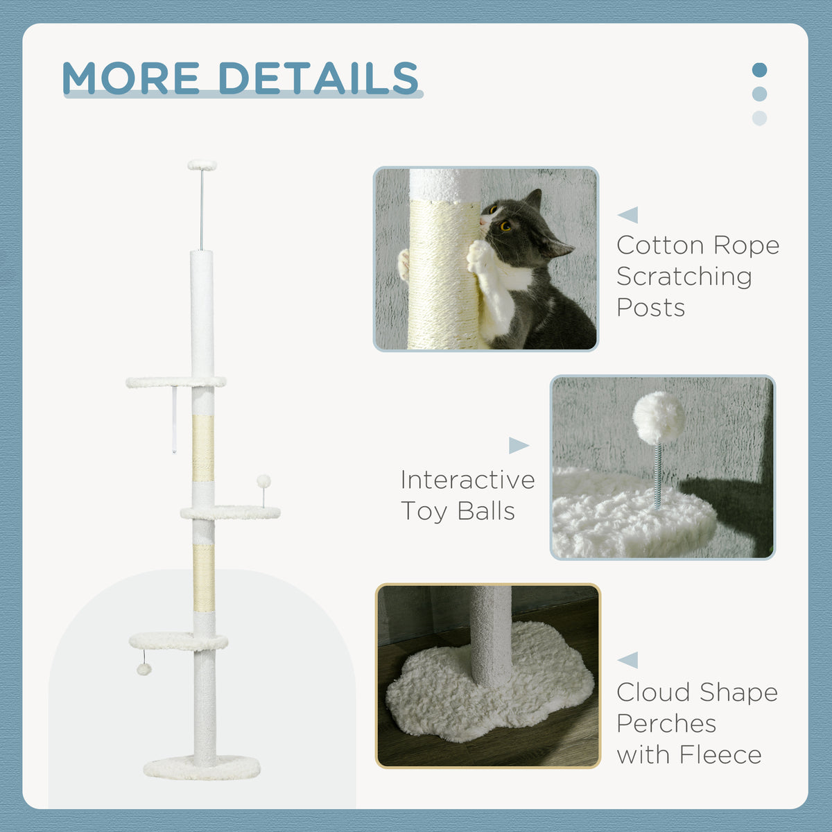 88.5"-100.5" Floor to Ceiling Cat Tree, Cat Tower with Scratching Posts, Cloud Shaped Platforms, Dangling Balls, Cream