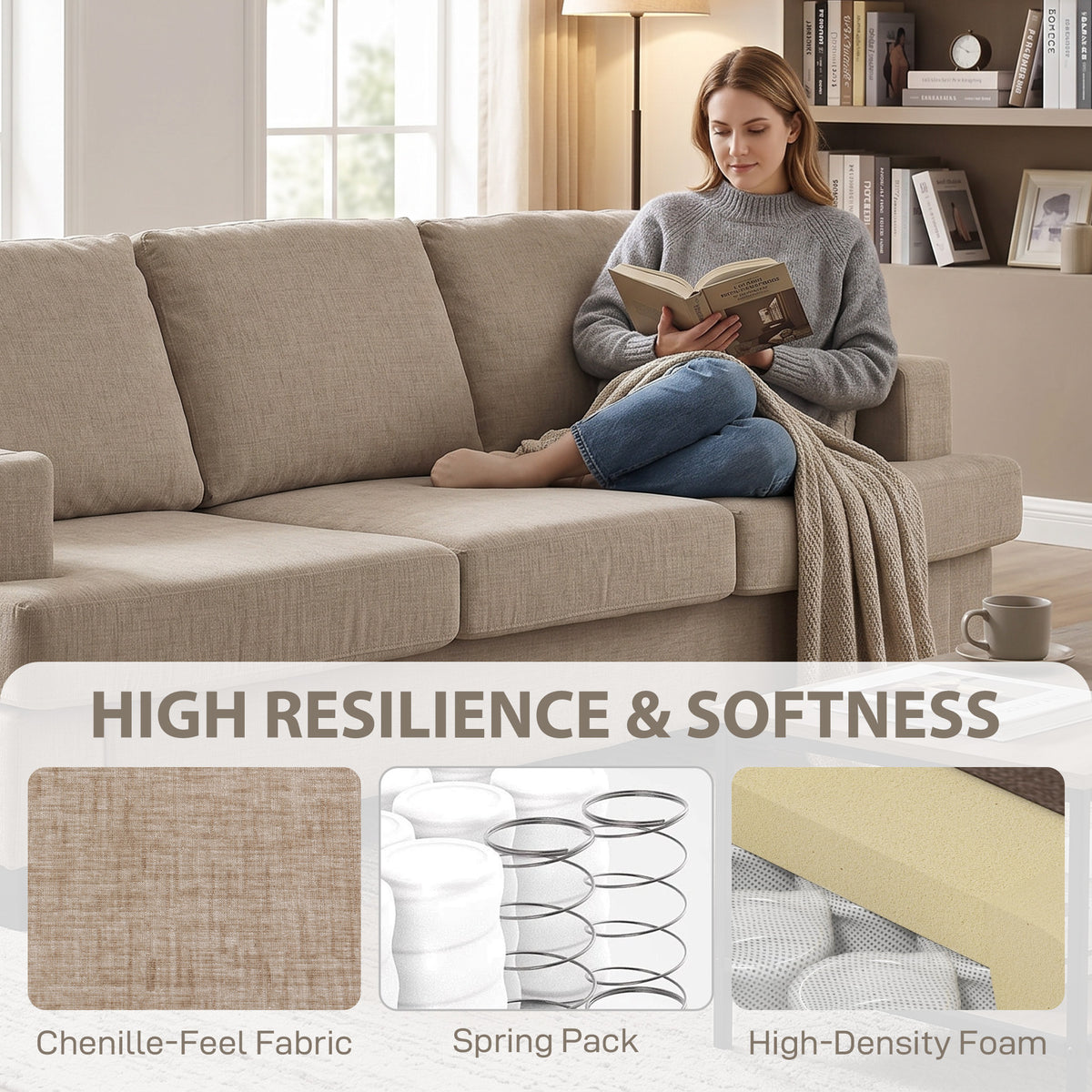 3 Seater Sofa with USB Ports & Cup Holders, Chenille-Feel Upholstered Couch for Living Room, Grey – view 12