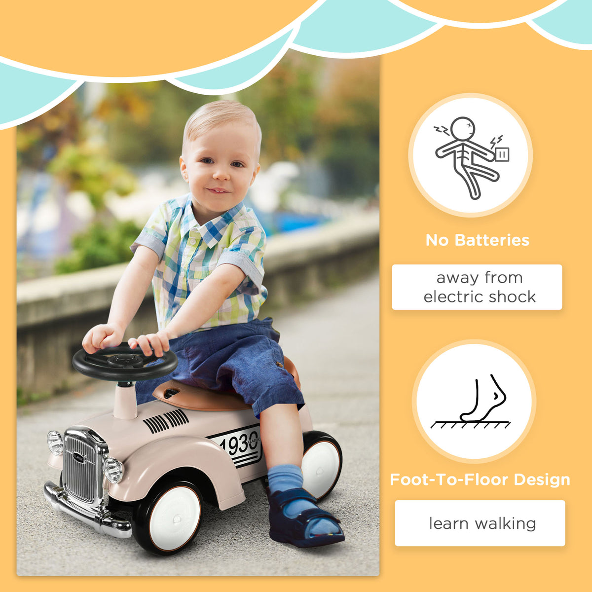 Aosom Ride on Sliding Classic Car for Toddlers, Foot To Floor Slider with Under Seat Storage, Aged 18-36 Months, Cream White