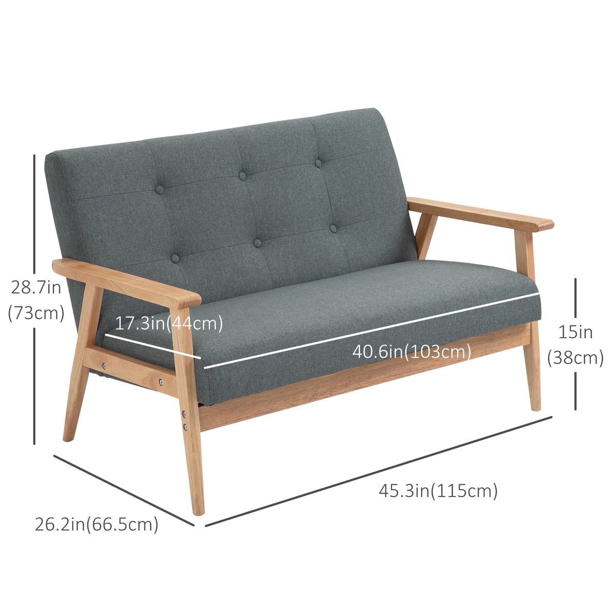 45" 2 Seat Sofa, Upholstered Two Seater Couch with Rubber Wood Legs for Bedroom, Living Room, Dark Grey