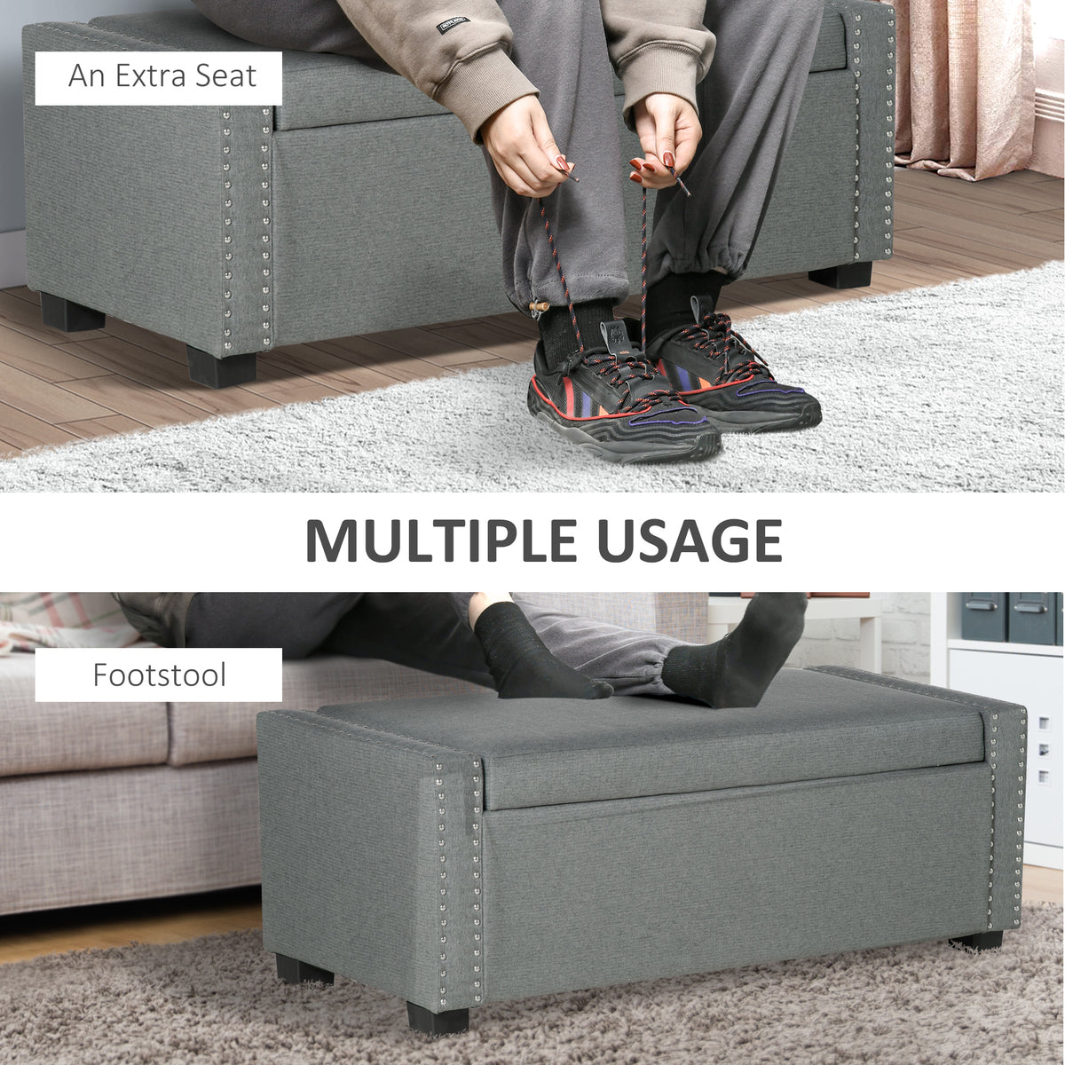 Upholstered Flip Top Storage Bench Fabric Ottoman for Bedroom, Living room, Dark Grey – view 13