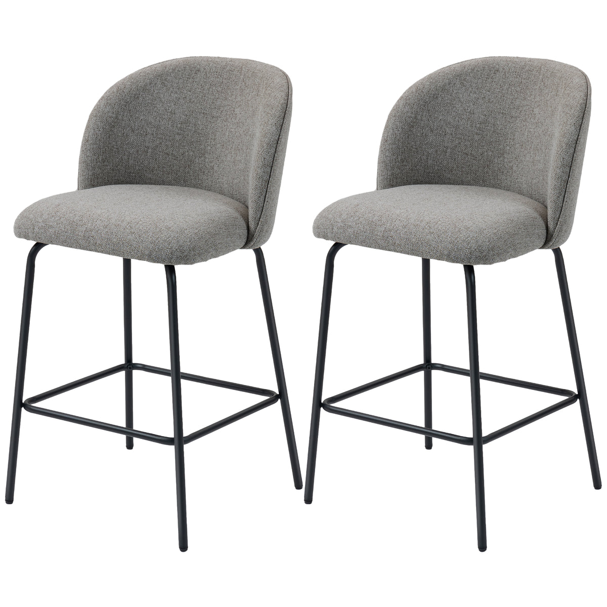 Set of 2 Counter Height Barstools, Upholstered Linen Bar Stools with Backrest, Footrest and Steel Legs