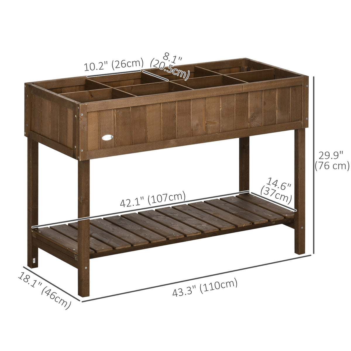 43.25" x 18" x 30" Raised Garden Bed, Wooden Plant Stand with 8 Grid Box, Storage Shelf for Outdoor, Natural Wood Colour