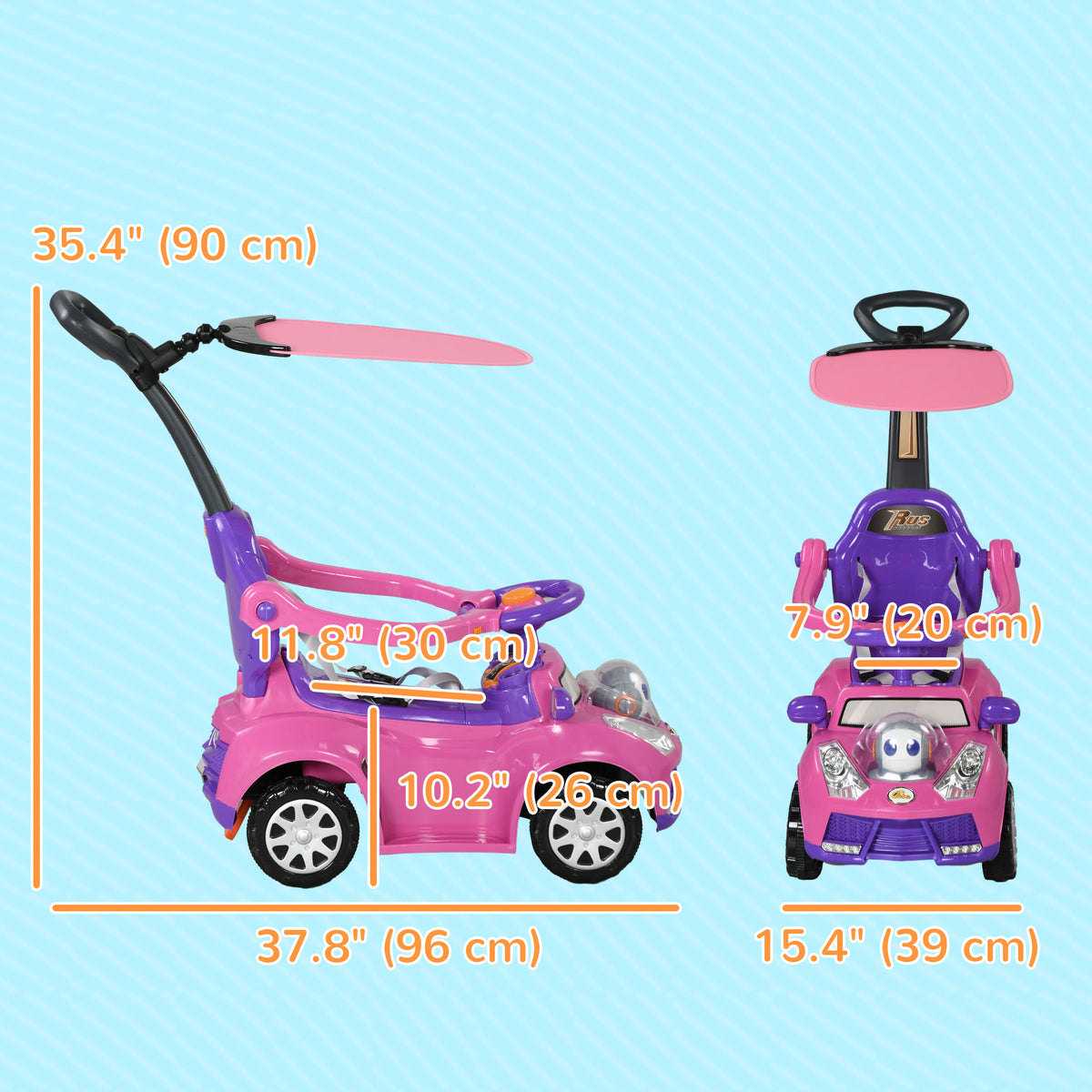 Qaba 3 in 1 Kids Push Car Toddler Sliding Car, Foot to Floor Design with Music, Light, Handle, Removable Canopy