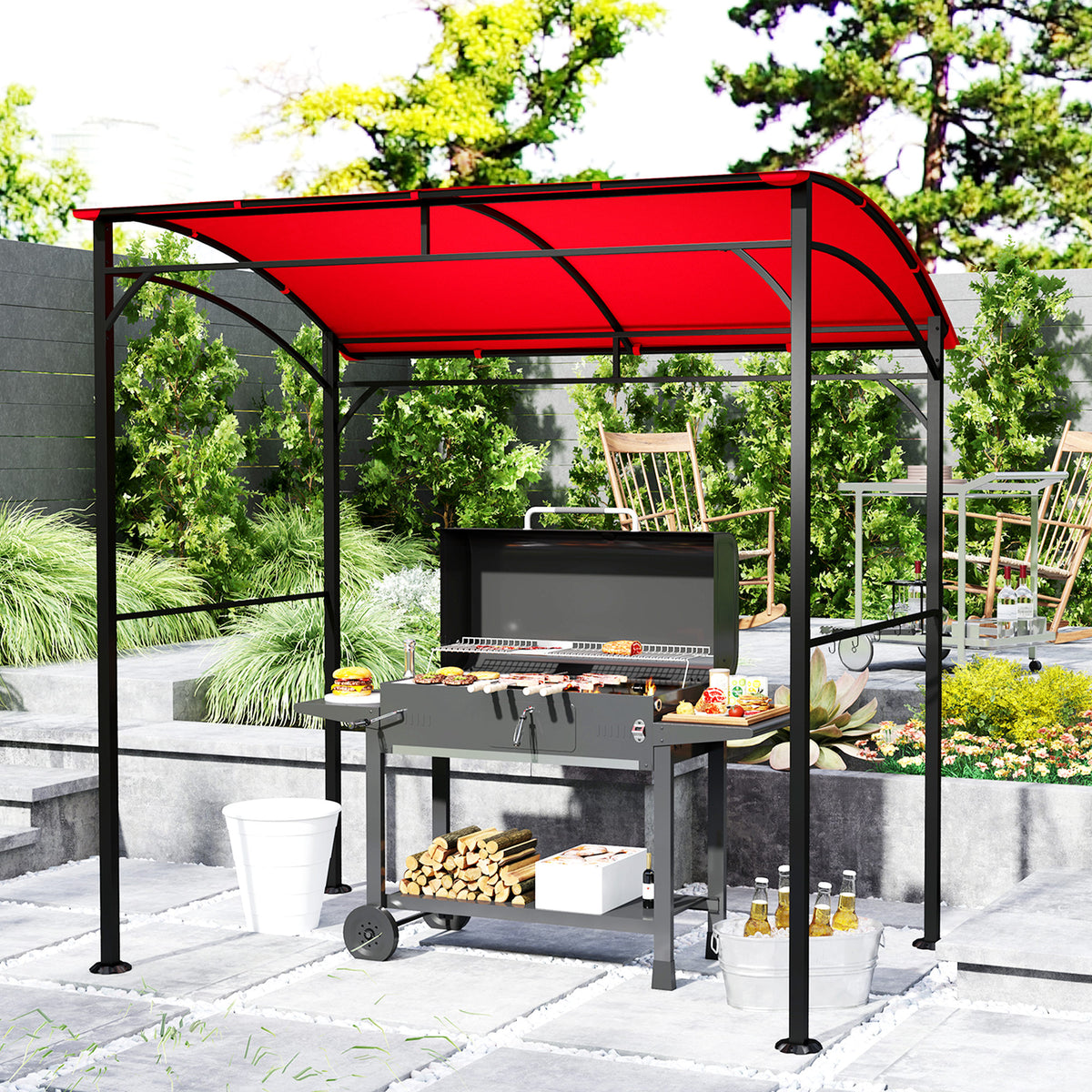7' x 5' BBQ Grill Gazebo Tent, Garden Grill Canopy with Steel Frame and Hooks, Outdoor Sun Shade, Grey – view 63