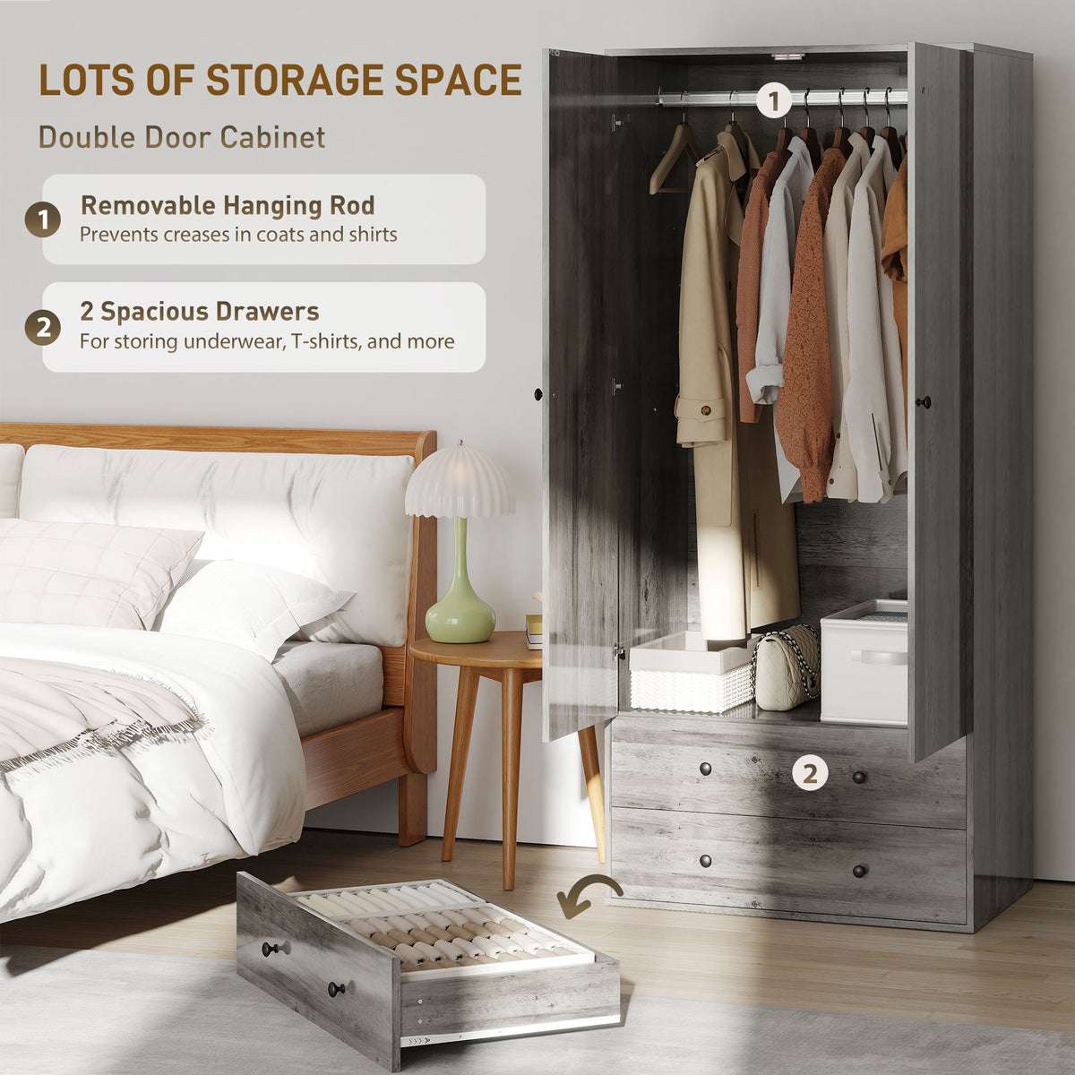 Modern Wardrobe Closet Armoire with 2 Drawers and Hanging Rod, Clothes Storage Organizer for Bedroom, Grey – view 3