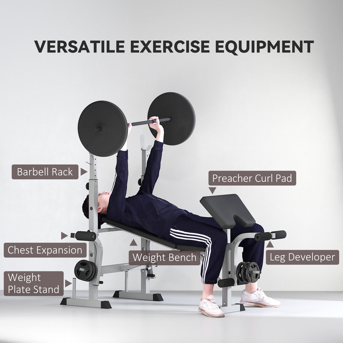 Soozier Bench Press Set Adjustable Weight Bench with Squat Rack, Preacher Curl Pad, Leg Developer and Weight Storage