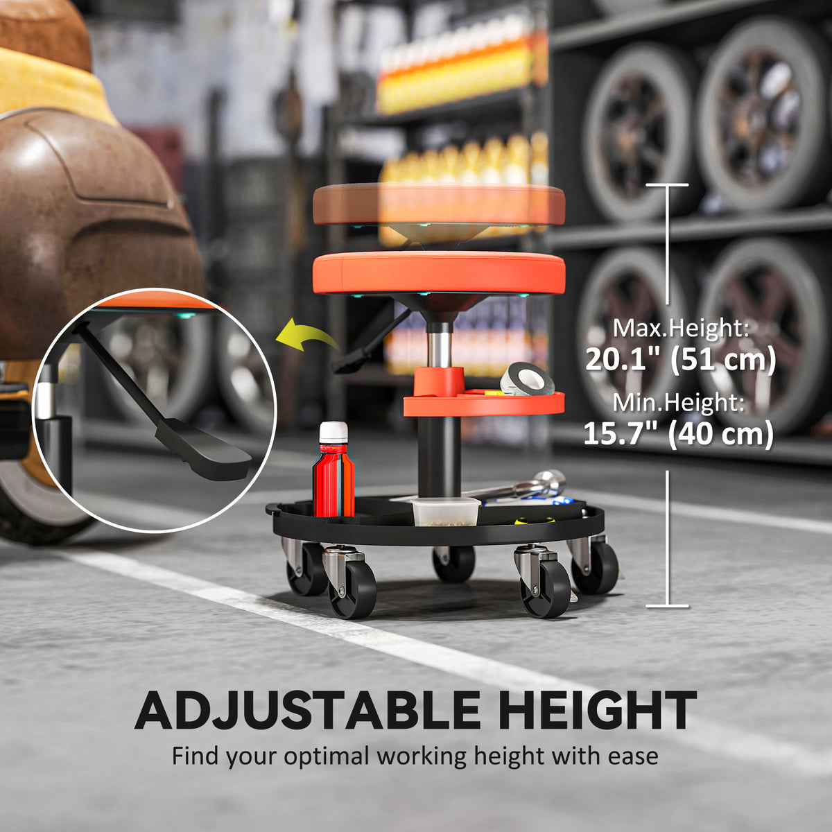 Rolling Garage Stool, 300 LBS Capacity Mechanic Stool with 2.5" Wheels, Tool Trays Storage – view 11
