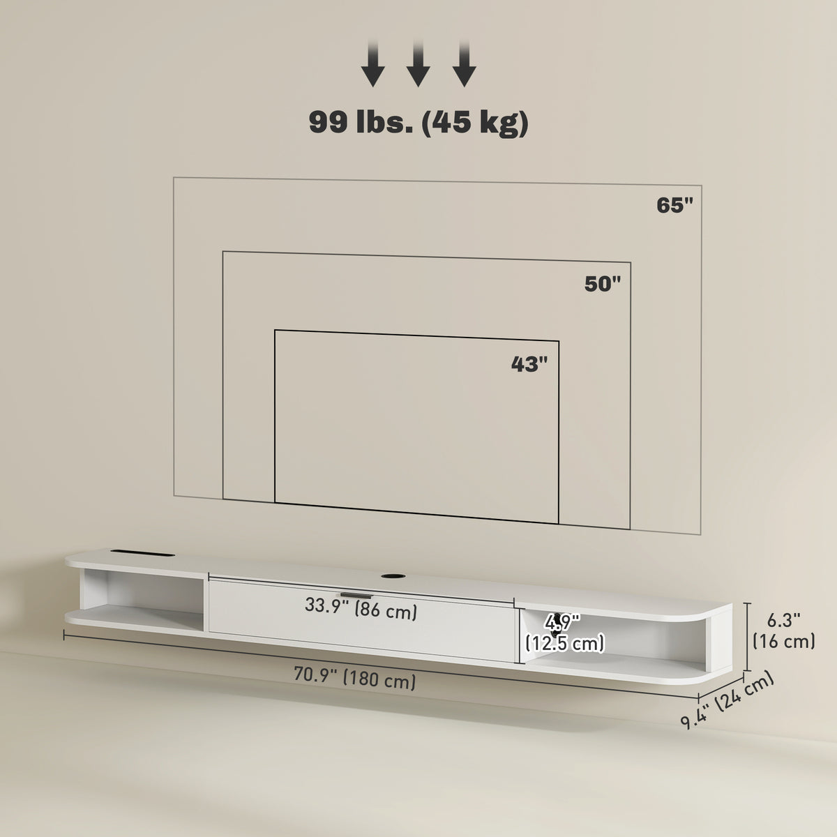 47" Floating TV Stand for TVs up to 50 Inch, Wall Mounted Media Console with Flip Drawer and 2 Open – view 30