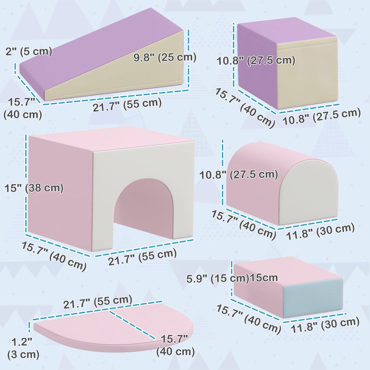 Qaba 7 Piece Indoor Soft Play for Toddlers Climb and Crawl - Pink/ Purple