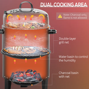 3-in-1 Vertical Charcoal BBQ Smoker, 16" Round Barbecue Grill with 2 Cooking Areas and Thermometer, Black