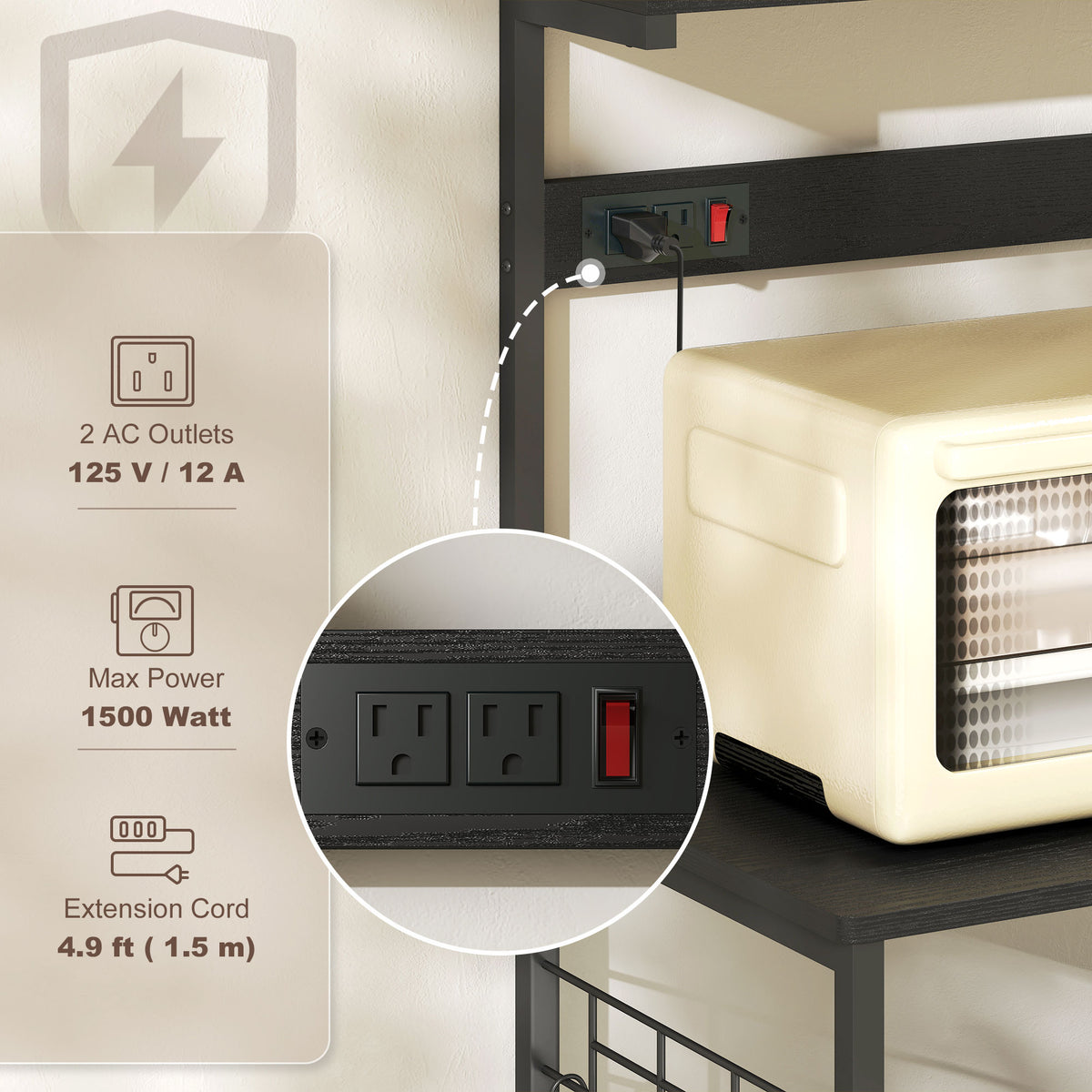Kitchen Baker's Rack with Power Outlet, Coffee Bar Station with Adjustable Shelves and Hooks – view 38