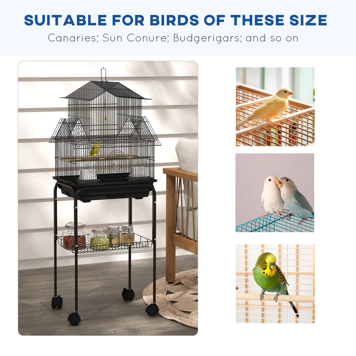 25" Bird Cage with Perch, Swing, Food Container, Slide-out Tray, Handle, Parrot Cage for Finches, Canaries, Budgies