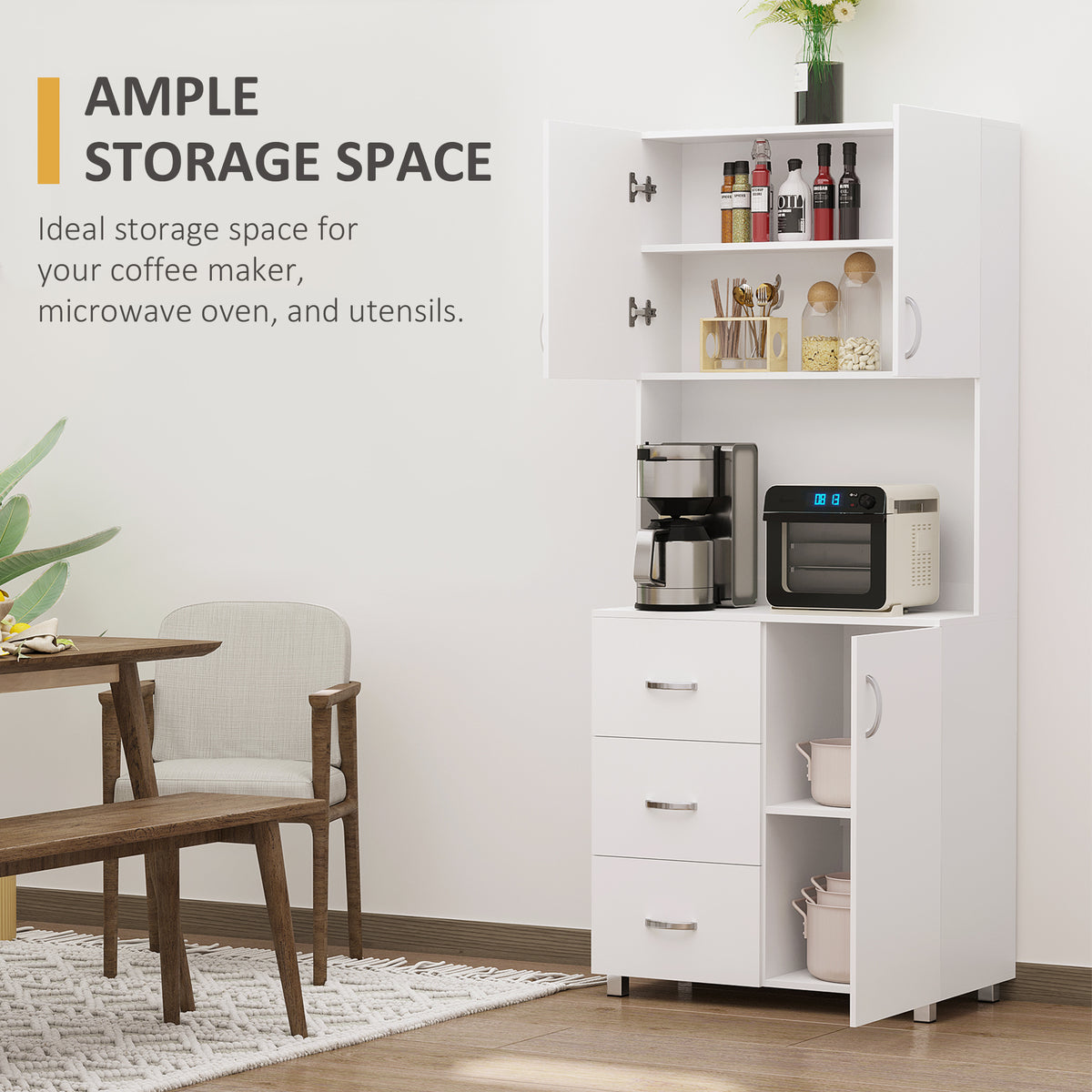 Freestanding Kitchen Buffet with Hutch Storage Organizer with 2 Door Cabinets, 3 Drawers and Open Countertop, Adjustable Shelf for Dining Room Pantry, White