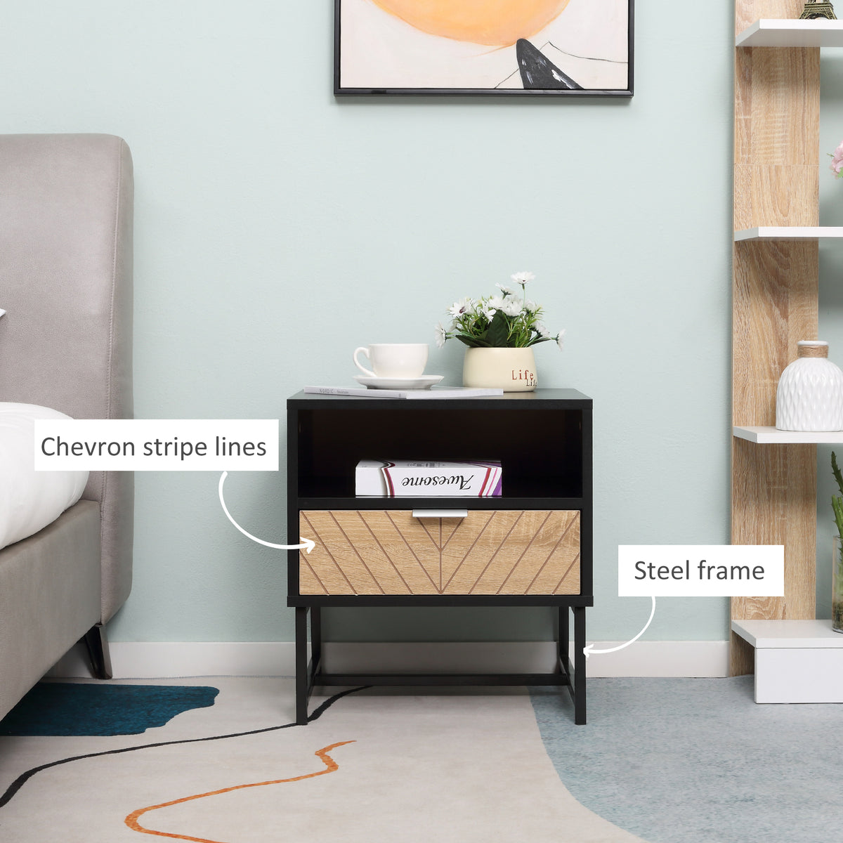 Modern Bedside Table with Drawer, Nightstand with Storage Shelf, Sofa End Table for Bedroom, Black and Oak