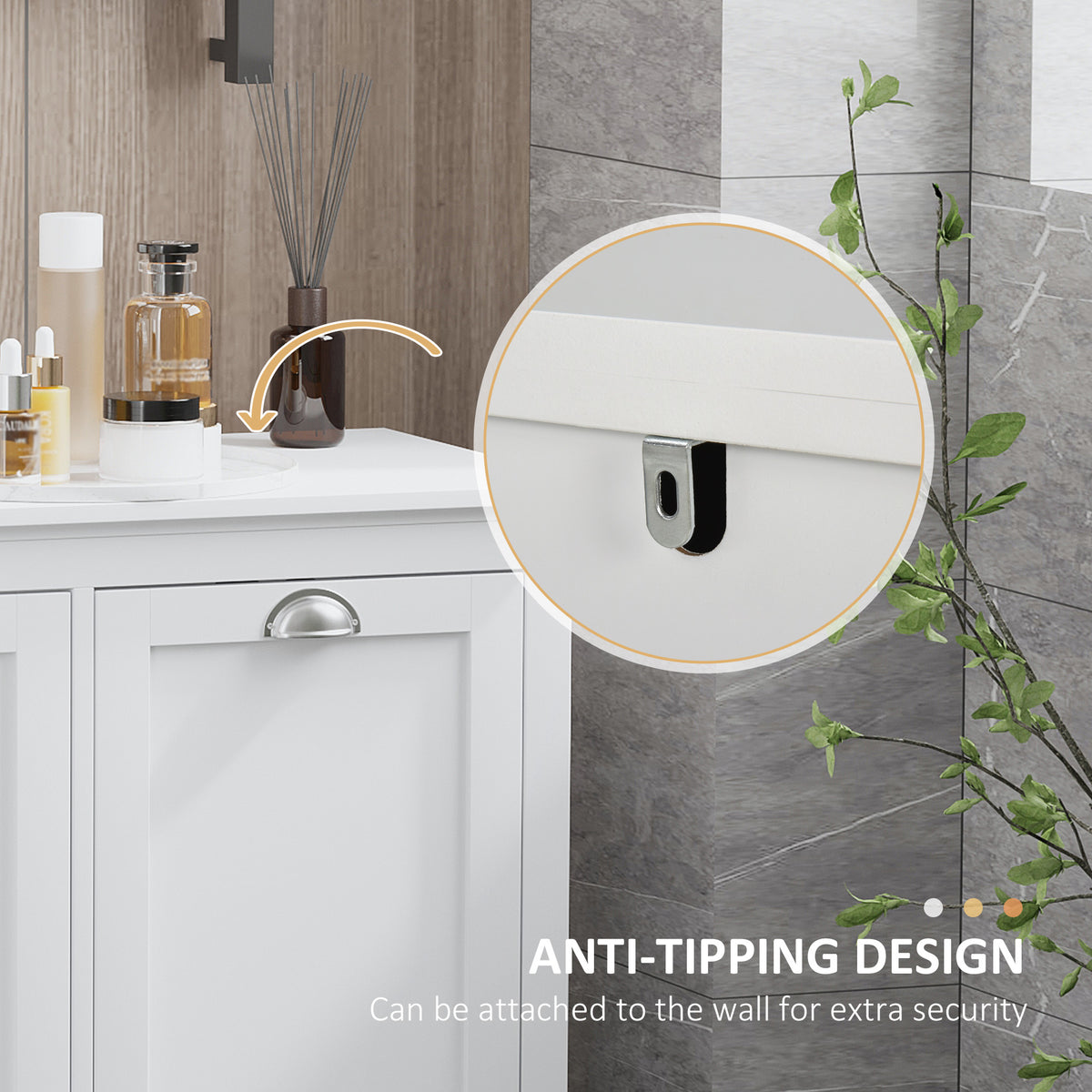 Tilt-Out Laundry Storage Cabinet, Bathroom Storage Organizer with Two-Compartment Tilt Out Hamper, White