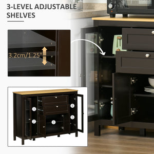 Buffet Cabinet Sideboard with 2 Drawers, 3 Storage Cabinets, Glass Doors and Adjustable Shelves, Dark Brown