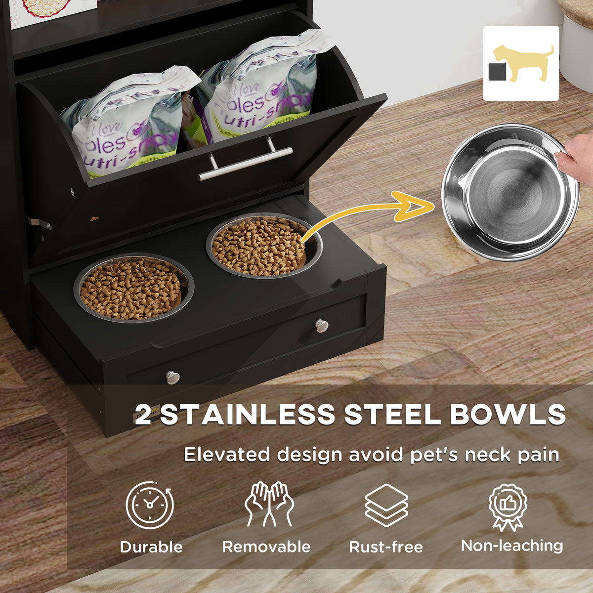 Pet Feeder Station Storage Cabinet, Dog Food Storage Container with Dog Raised Bowls, Watering Supplies, Gray