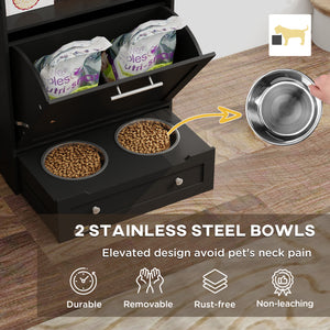 Pet Feeder Station Storage Cabinet, Dog Food Storage Container with Dog Raised Bowls, Watering Supplies, Gray